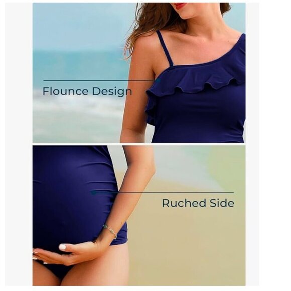 Maternity Swimwear One Shoulder Flounce One Piece, Navy Size Medium - Picture 7 of 9